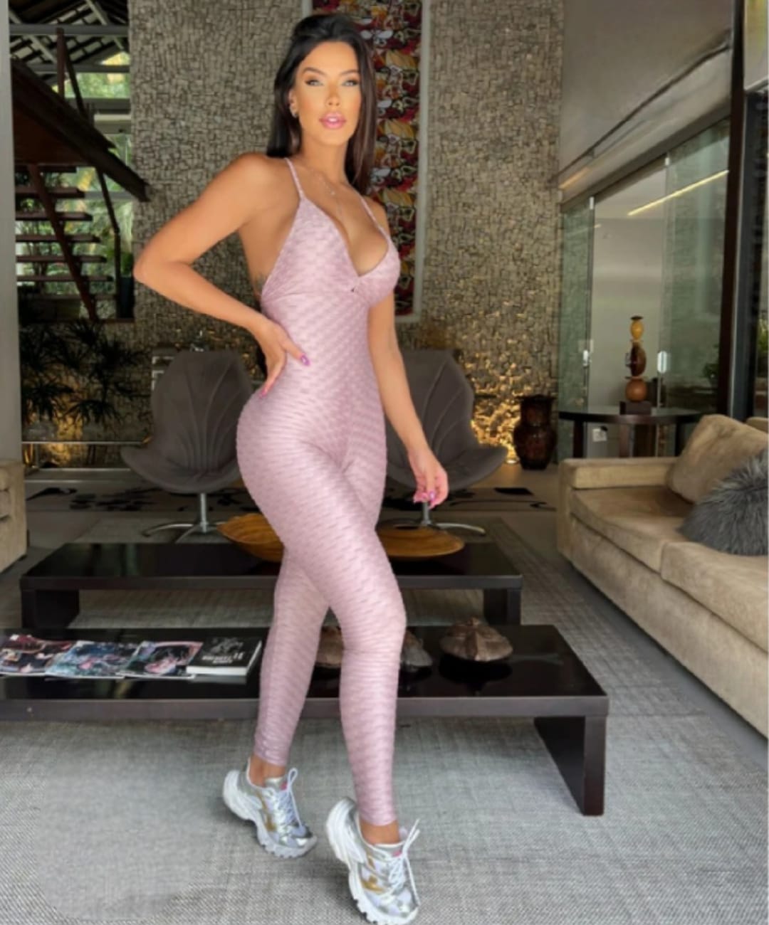 Jumpsuit Long Decote Shine Ribbed - Rose